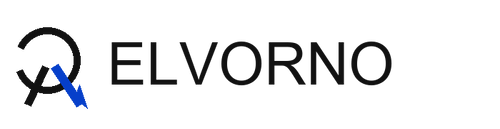 Elvorno black wordmark with an abstract cobalt scarf loop